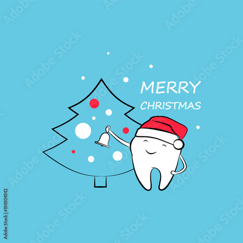  A funny tooth in Santa's hat with a bell and a Christmas tree. Vector illustration.