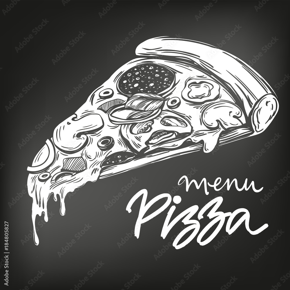 Fototapeta Italian pizza slice , Pizza design template, logo hand drawn vector illustration realistic sketch