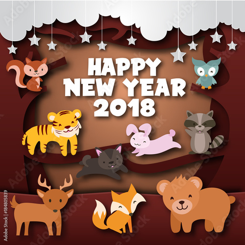 Cute Cheerful Forest Wild Animal Theme Happy New Year 2018 Paper Art Card Illustration, Suitable for Children Greeting Card, Party Invitation, And Social Media
