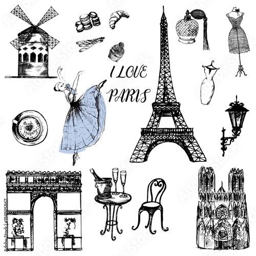 Set of hand drawn sketch style France themed objects. Vector illustration isolated on white background.