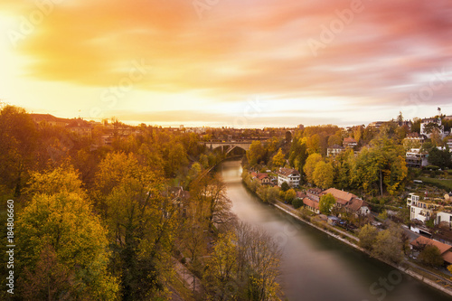 Cityscape of Bern and the bridge in sunset, Switzerland