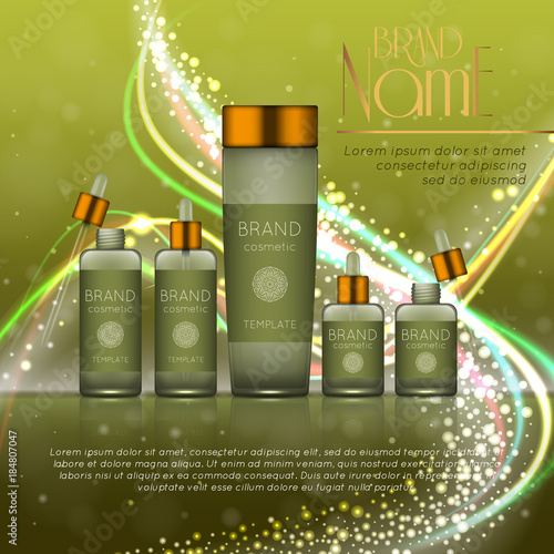 3D realistic cosmetic bottle ads template. Cosmetic brand advertising concept design with glitters and bokeh background
