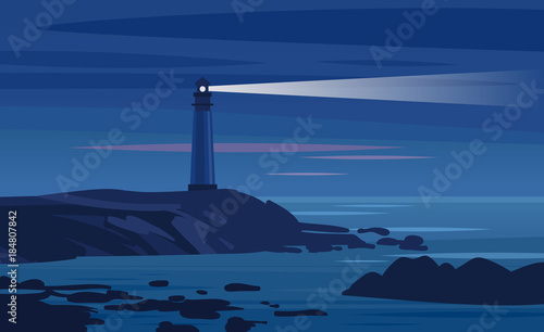 Lighthouse on a rock at night. Vector illustration
