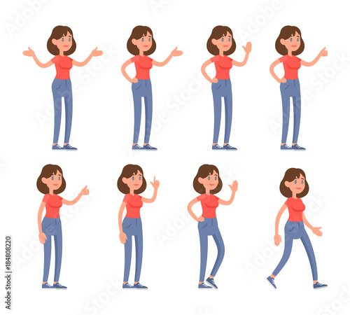 A pretty woman in the cartoon style dressed in casual clothes is in different poses