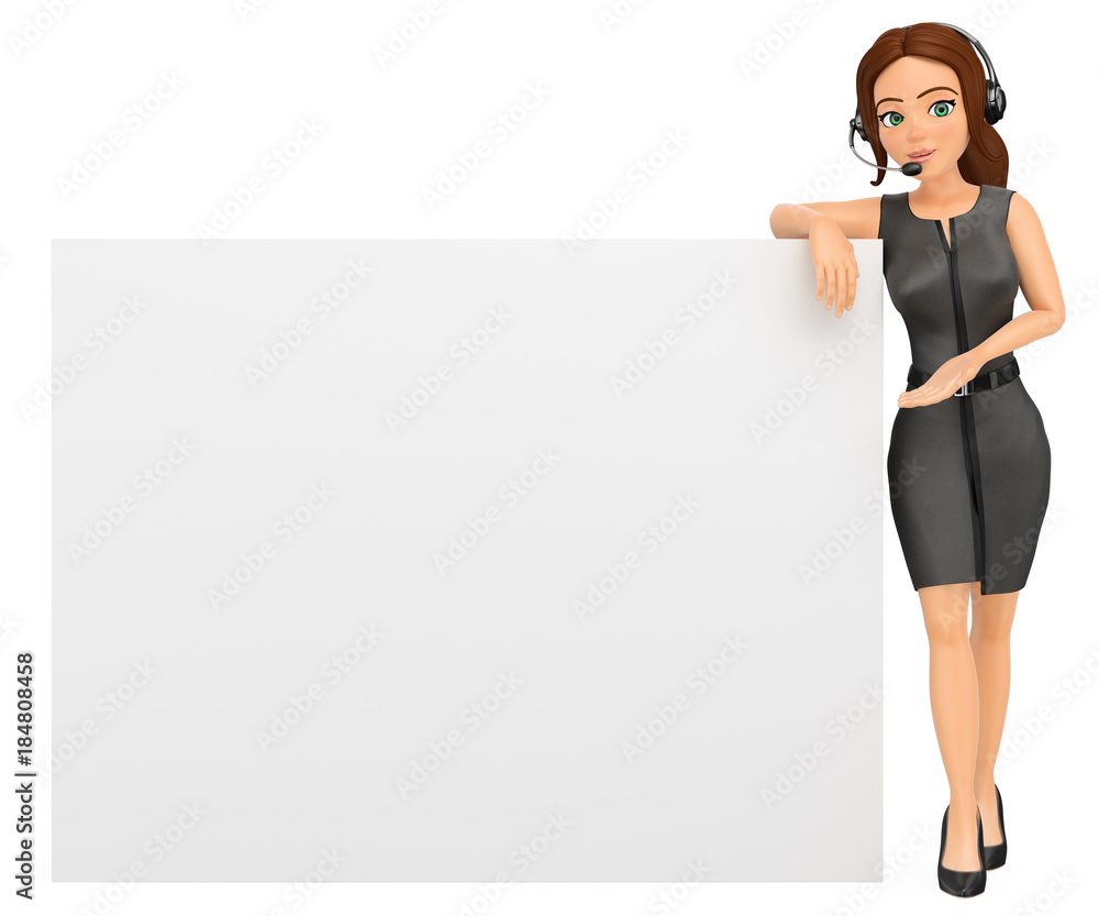 3D Call center operator leaning on a blank poster 3D Call center operator leaning on a blank poster