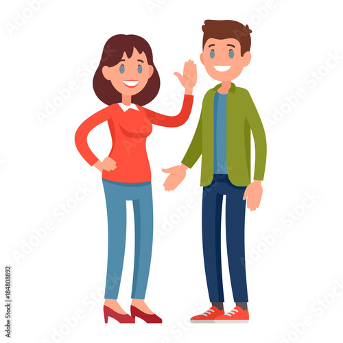 Young smiling couple in casual clothes. Cheerful girl waving her hand. Vector illustration of a joyful young man and a young woman on a light background.