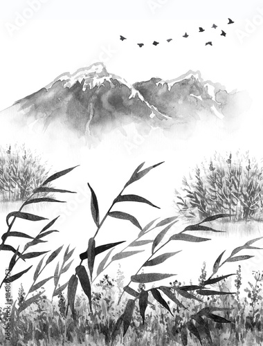 Ink Landscape with Mountains and Reeds