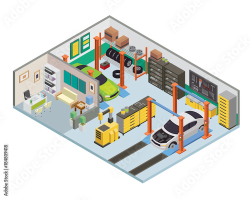 Modern Isometric Car Workshop Garage Interior Design in isometric view