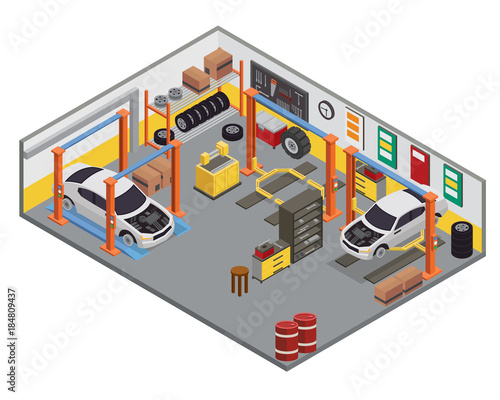 Modern Isometric Car Workshop Garage Interior Design in isometric view