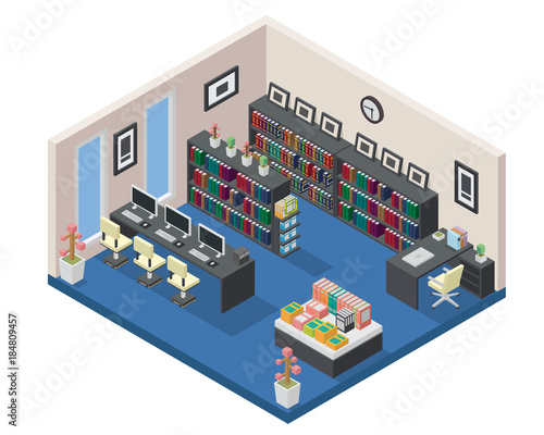 Modern Isometric Book Library Interior Design in isometric view