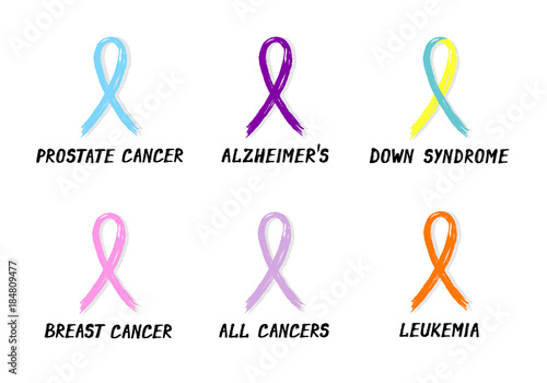 Symbolic ribbons - set of 6 ribbons - prostate cancer - Alzheimers - Down syndrome - breast cancer - all cancers - leukemia