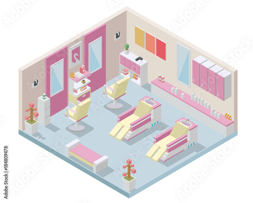 Modern female beauty salon interior design in isometric view illustration.