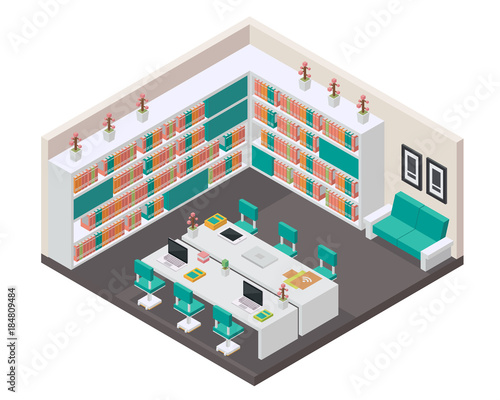 Modern Isometric Book Library Interior Design in isometric view