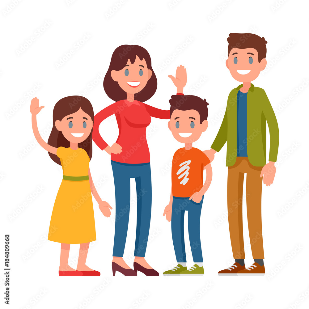 Happy family. Parents standing with children. Mother, father, school age boy and girl standing together. Vector illustration in a flat style Happy family. Parents standing with children. Mother, father, school age boy and girl standing together. Vector illustration in a flat style