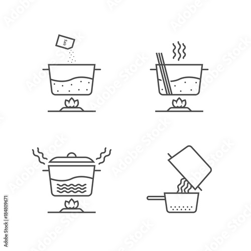 thin line cooking spaghetti in stages on white