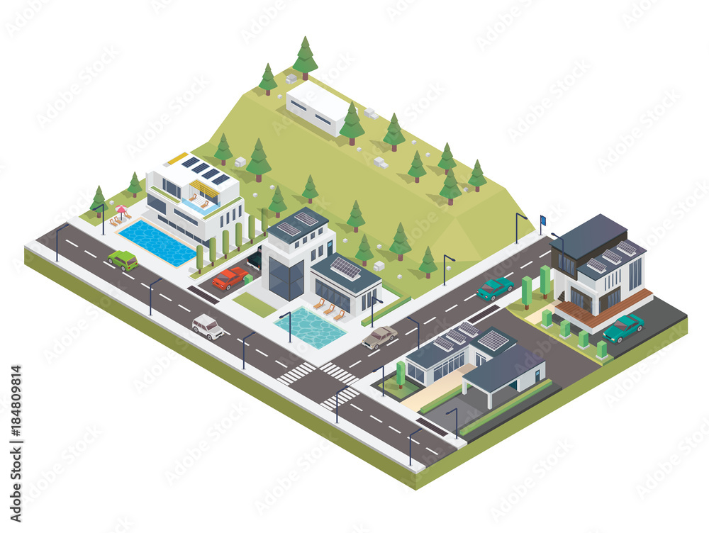 Modern Luxury Isometric Green Solar Panel Eco Friendly Housing Complex, Suitable for Diagrams, Infographics, Illustration, And Other Graphic Related Assets
