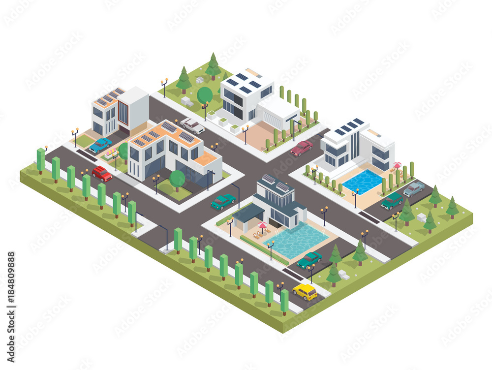 Modern Luxury Isometric Green Solar Panel Eco Friendly Housing Complex Illustration Modern Luxury Isometric Green Solar Panel Eco Friendly Housing Complex Illustration