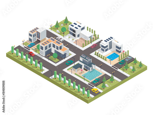 Modern Luxury Isometric Green Solar Panel Eco Friendly Housing Complex Illustration