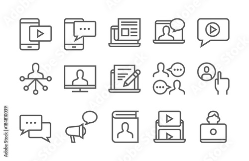 Blogging, media and communication icon set. Thin line, flat design.
