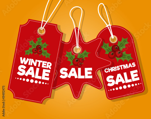 Christmas sale paper tag banner holiday discount xmas winter offer advertising shopping promotion vector illustration.