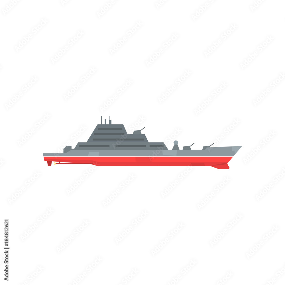 Colored military warship with radar and guns fixed on it. Naval boat with artillery. Graphic design for sticker, poster or mobile game. Flat vector illustration