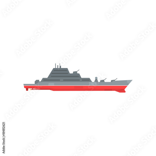 Colored military warship with radar and guns fixed on it. Naval boat with artillery. Graphic design for sticker, poster or mobile game. Flat vector illustration