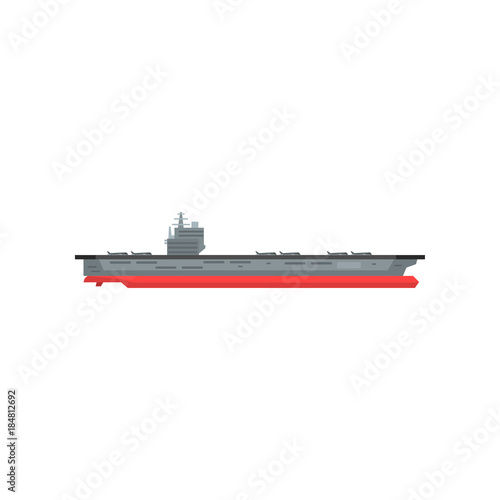 Large cartoon aircraft carrier with military planes on board. Marine vessel. Graphic design element for sticker, mobile or computer game. Flat vector illustration