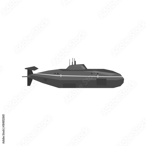 Military submarine. Underwater transport. Black naval vehicle. Flat vector illustration. Side view. Graphic design for sticker  poster or mobile game