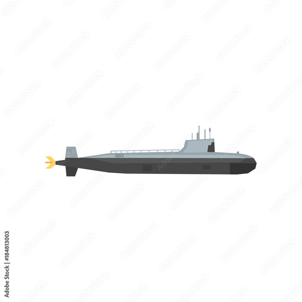 Navy submarine icon. Underwater military transport. Army sea ship. Graphic element for website, mobile game or infographic poster. Flat vector design