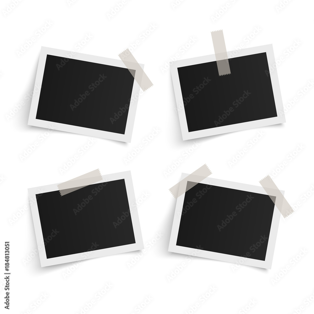 Set of rectangle vector photo frames on sticky tape on white background. Template photo design. Vector illustration Set of rectangle vector photo frames on sticky tape on white background. Template photo design. Vector illustration