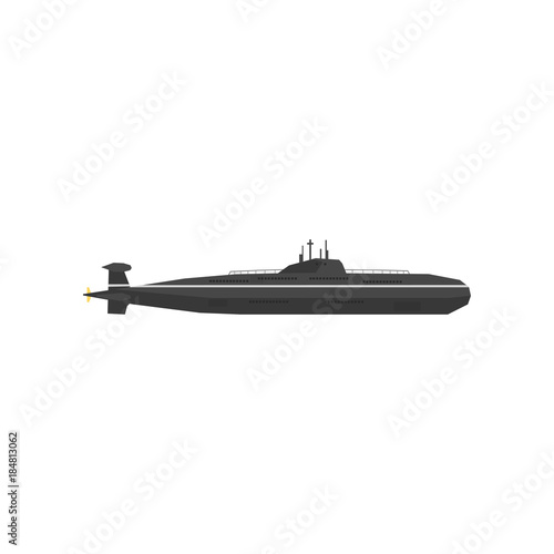 Large submarine icon. Navy vehicle. Military underwater transport in black color. Graphic design for logo, website, mobile game. Flat vector illustration
