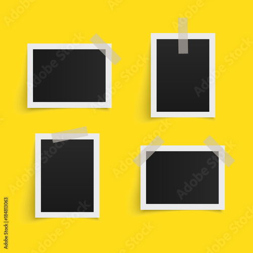 Set of rectangle vector photo frames on sticky tape on yellow background. Template photo design. Vector illustration