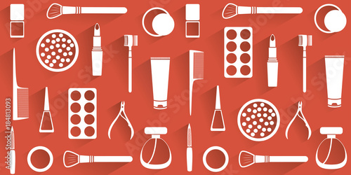 set of flat icons of cosmetics on a red background