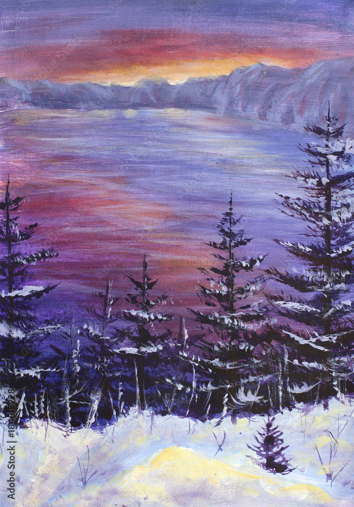 Obraz malarstwo Duże drzewa Choinki pokryte śniegiem na tle purpurowego wschodu słońca nad oceanem, zimowy ocean, fioletowe góry, zima.