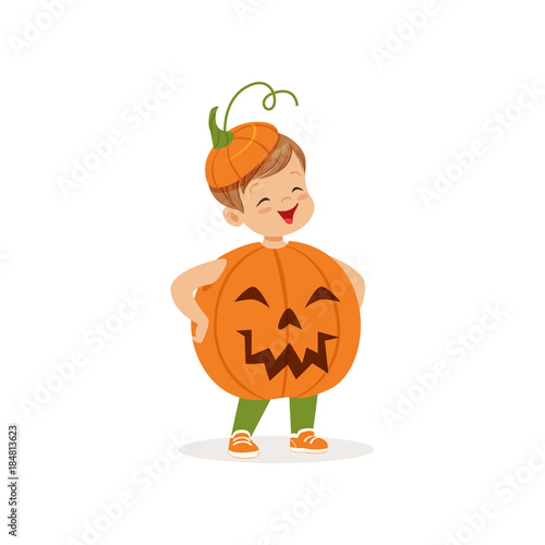 Little boy dressed as a pumpkin, cute kid in halloween costume vector Illustration