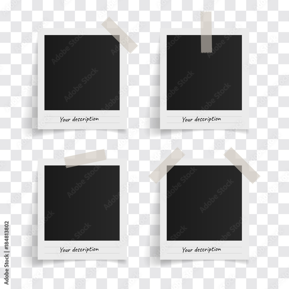 Set of polaroid vector photo frames on sticky tape on a transparent  background. Template photo design. Vector illustration Stock Vector | Adobe  Stock