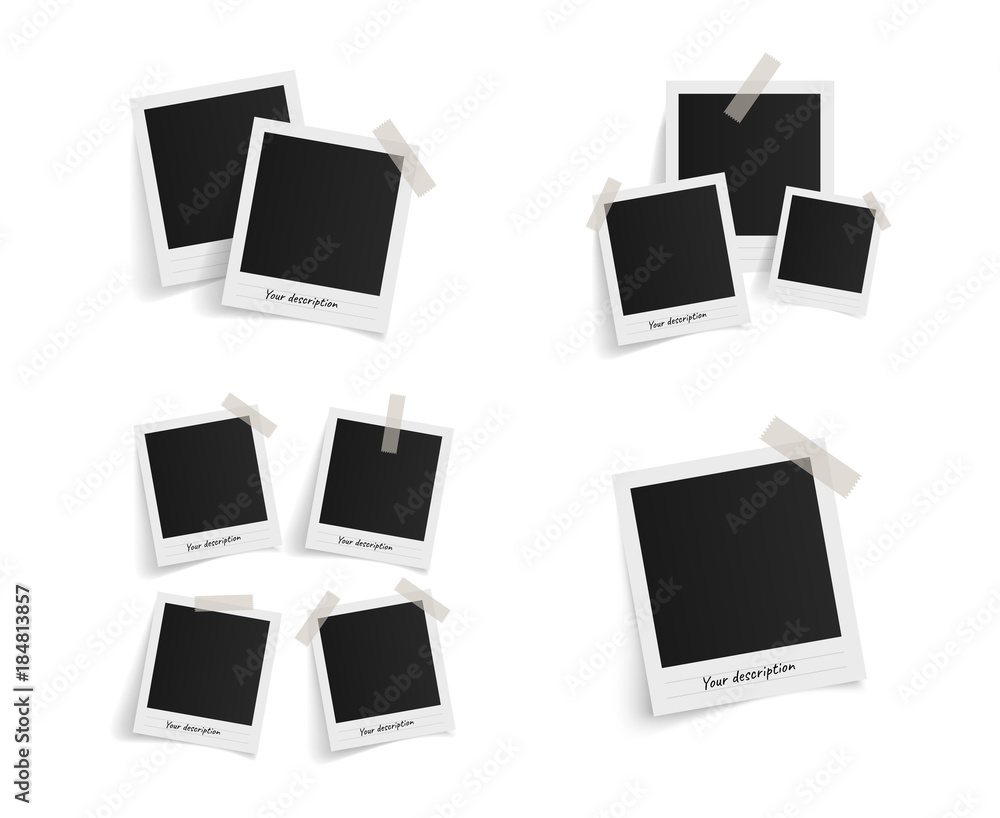 Set of polaroid vector photo frames on sticky tape on white background. Template photo design. Vector illustration Set of polaroid vector photo frames on sticky tape on white background. Template photo design. Vector illustration