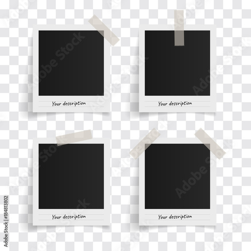 Set of polaroid vector photo frames on sticky tape on a transparent background. Template photo design. Vector illustration photo