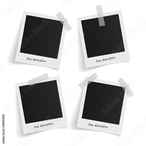 Set of polaroid vector photo frames on sticky tape on white background. Template photo design. Vector illustration