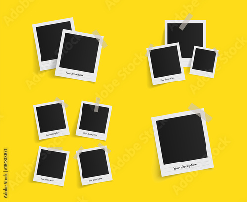 Set of polaroid vector photo frames on sticky tape on yellow background. Template photo design. Vector illustration photo