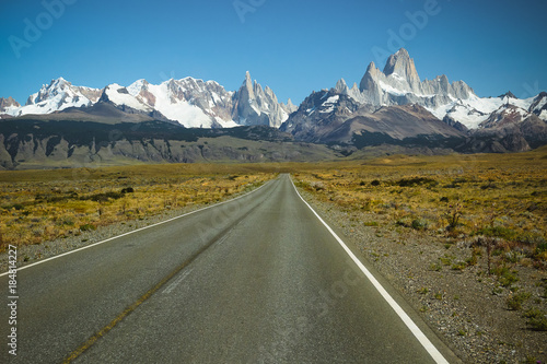 Road from El Calafate to El Chalten offers amazing views of Fitz Roy and Cerro Torre in Patagonia, Argentina
