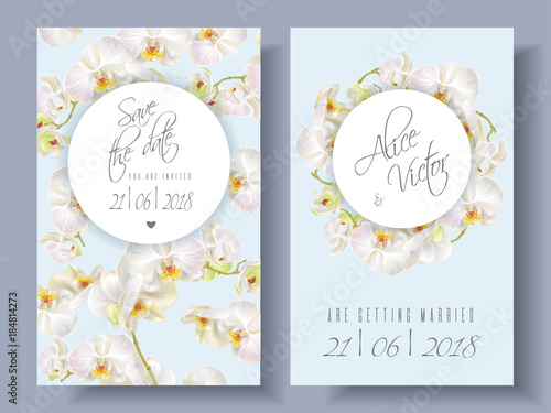 Vector wedding invitation cards with white orchid flowers on blue background. Can be used as floral design for cosmetics, perfume, beauty care products. greeting card