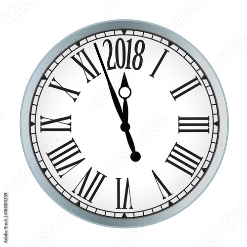 2018 New Year black clock on white background. Vector paper illustration.