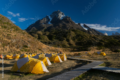 Tents in Paine Grande camp in Torres del Paine, Patagonia