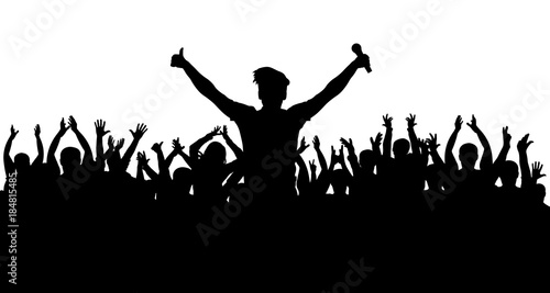 Crowd at a musical concert, singer with microphone, silhouette