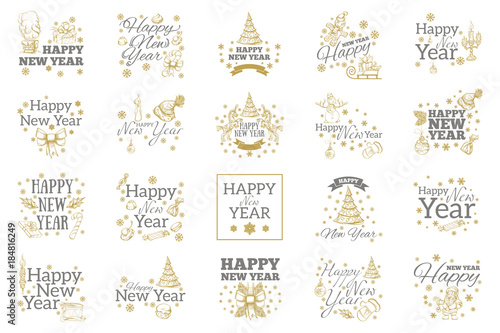 Happy New Year. Set of typographic elements for greeting cards, invitations and other items.