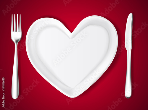 Vector plate in shape of heart, knife, fork
