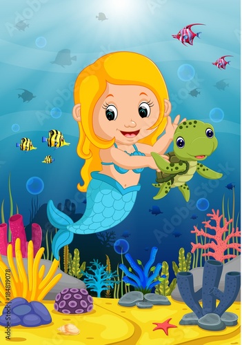 Cartoon mermaid underwater wtih turtle