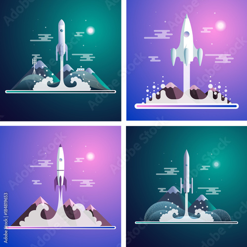 Flat illustration set with space rocket launch on background with mountains