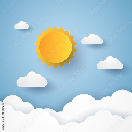 Cloudscape , blue sky with clouds and sun , paper art style